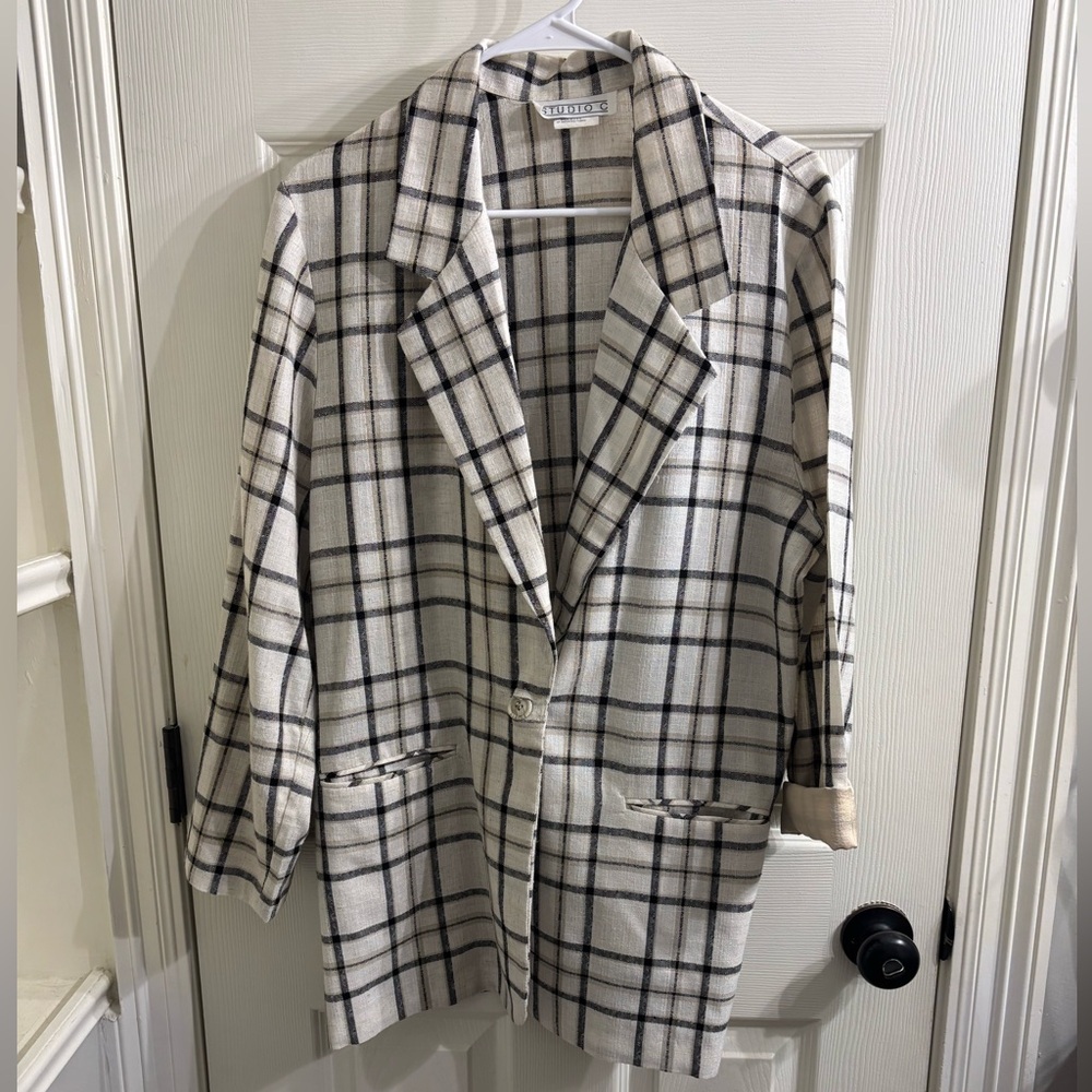 Studio C Cream and Black Windowpane Single-Button Blazer